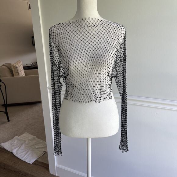 Women SZ L Rhinestone Mesh Top Long Sleeve Fishnet Crop Goth Event Fairy Whimsy - Picture 1 of 9
